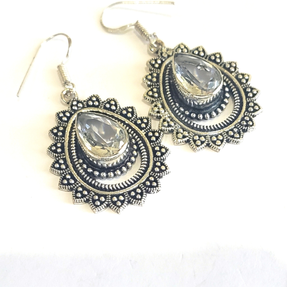 Handmade White Topaz 925 Vintage Antique Drop Earrings